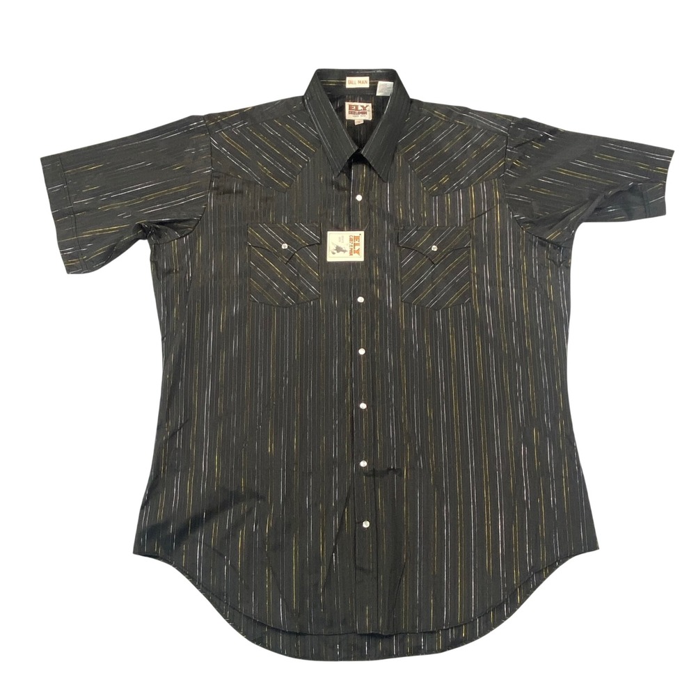 Ely Cattleman Tall Man Western Pearl Snap Black‎ Gold Silver Stripe Sz 18 Tall